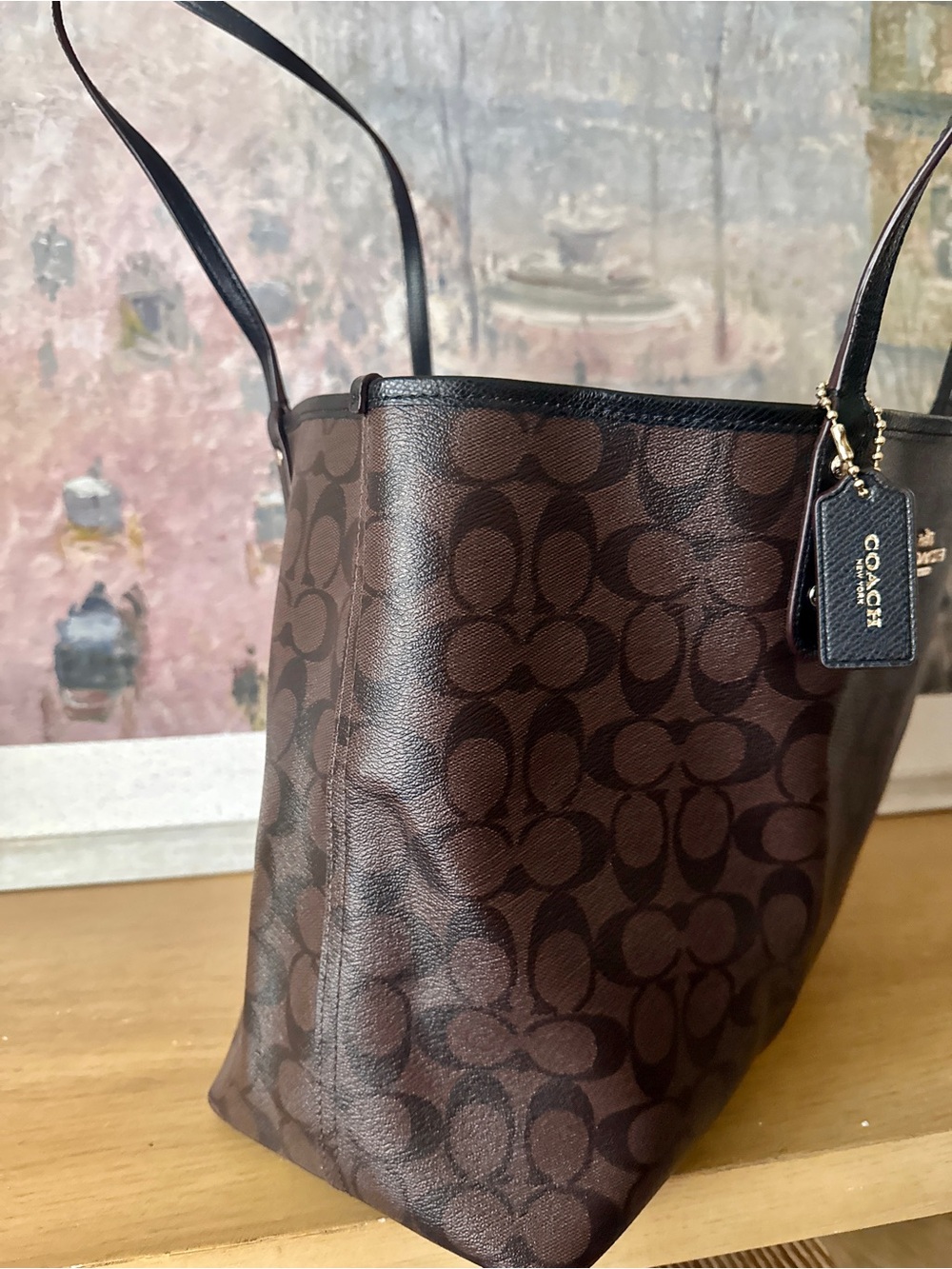 Coach Brown & Black Signature Monogram Vinyl Tote Bag - Reversible - Picture 4 of 7